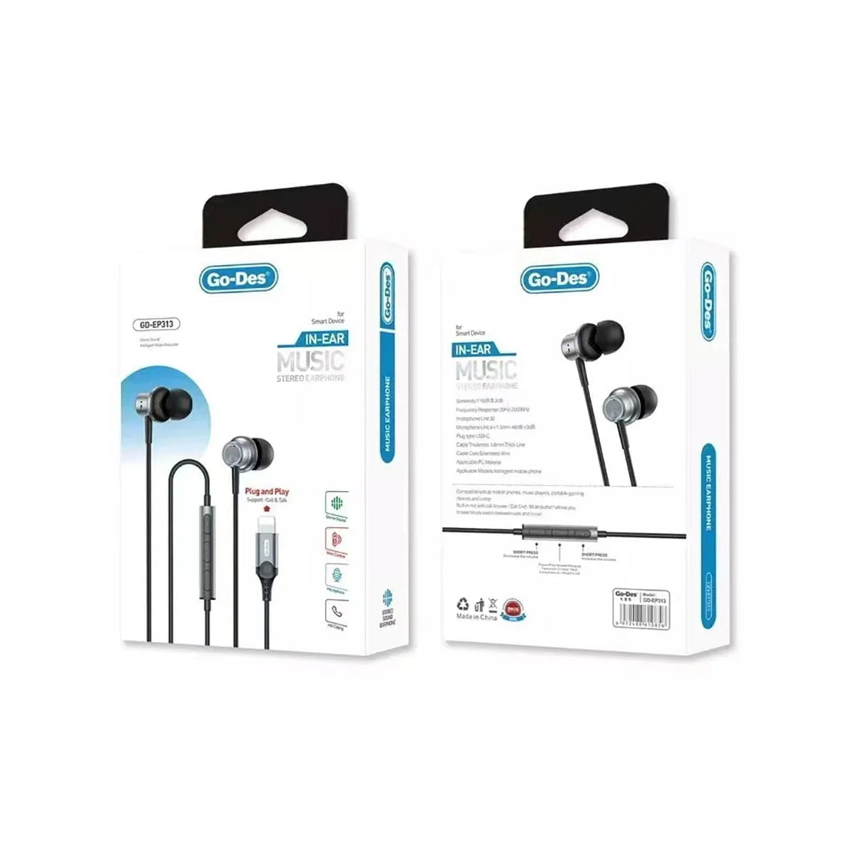 Go Des GD-EP313 Earbuds Wired Lightning Plug and Play Stereo Headphones - Image 2