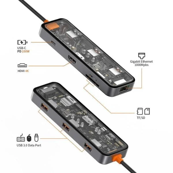 Wiwu CB008 Cyber ​​8 in 1 Type-C Hub 100W Charging Transparent SD Card-RJ45-HDMI-USB