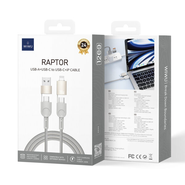 Wiwu Wİ-C051 4in1 Raptor Series Multiple USB-A + Type-C to Type-C + Lightning Charging and Data Cable 100W 120cm - Image 3