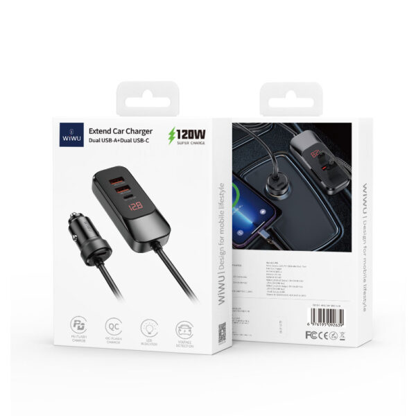 Wiwu Wi-QC015 Extend Series Dual Type-C + Dual USB-A Fast Charging External Port Car Charger 120W (Copy) - Image 8